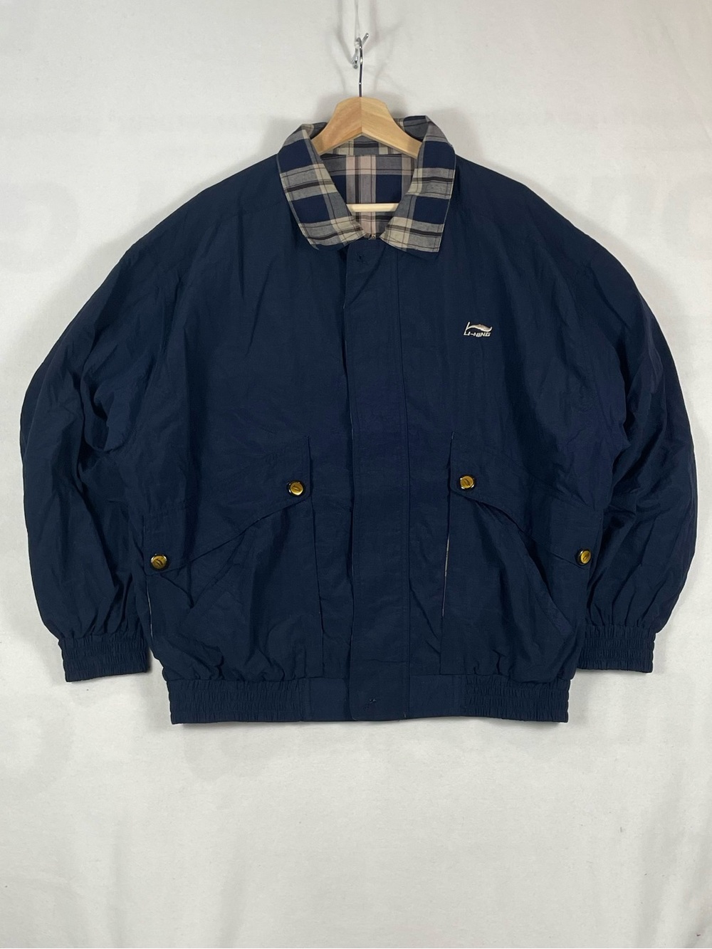 Vintage Li-Ning Reversible Bomber Jacket Brown Plaid Navy Harrington Sz 2XL